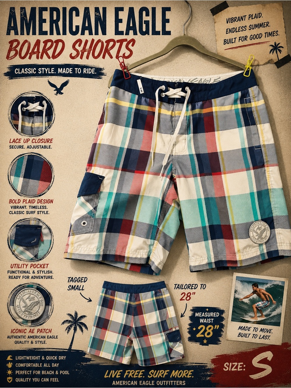 American Eagle Outfitters Navy Plaid Lace-Up Swim Trunks